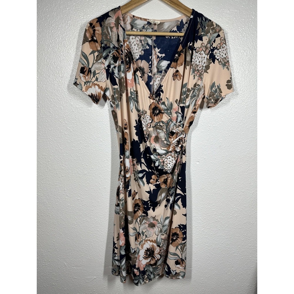Les Amis Dress Womens Large Beige Navy Floral Wrap Surplice‎ Short Sleeve Ruched